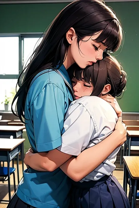 Sad girl , crying while hugged by a boy,side view, classroom 