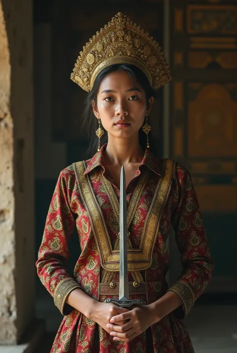  creates an image of siti manggopoh ,  a national hero from western Sumatra ,  she uses a typical minangkabau headgear , and holding a sword ,  uses a bracketed shirt , minangkabau shirt ,  in his background a shabby version of the minangkabau custom house