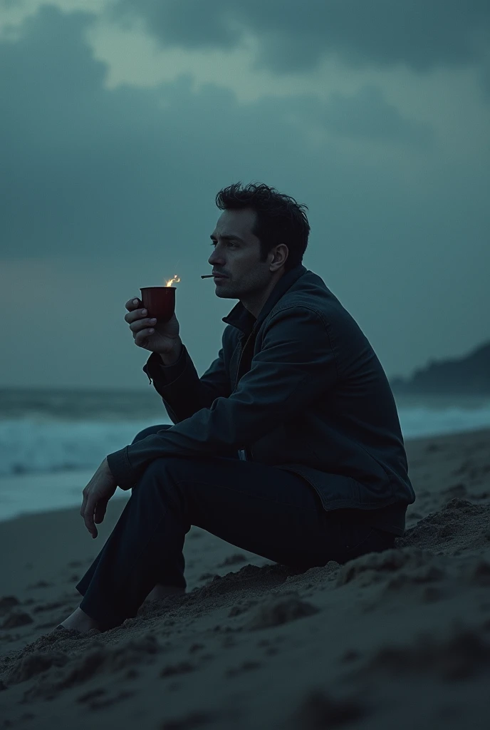 Dark time beach and one hand tea with one hand cigarette use siting men for rain vibes 