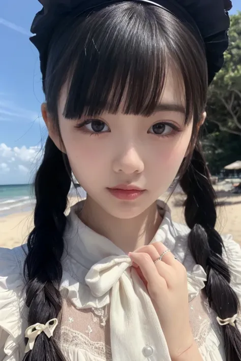  top quality , Ultra Nothing,  photorealistic ,   pictures of beautiful women ,  detailed face ,  Black Messy Fishtail Braid , (Detailed porcelain doll,Delicate clothing with lots of frills and ribbons),  Beach , ( face close-up ),  bewitching look ,  look...