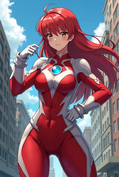 My Hero Academia Style , Anime girl, female, young female ,Full Body Shot,(fighting Pose:1.3),Long hair, Red Hair,  Brown Eyes,Hero Suit, Full Body Suit, red suit with white details,small round blue jewel in the center of the chest, perfect anatomy,  Tough...