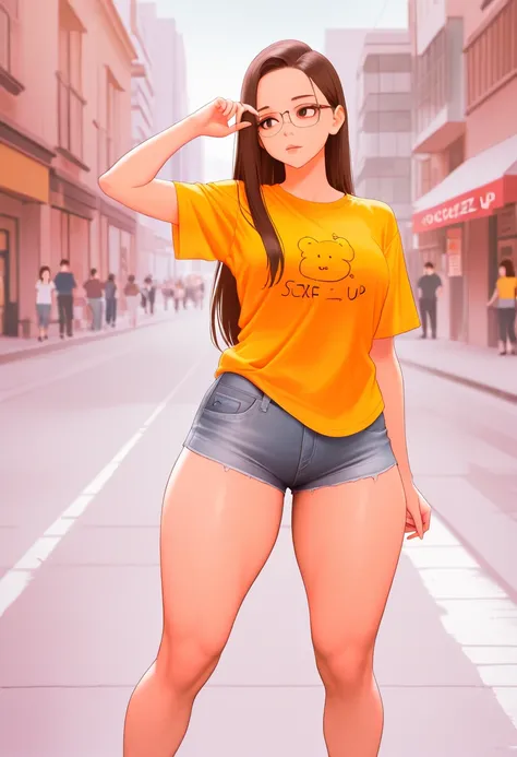   photo of a brunette woman wearing black-rimmed glasses, long straight hair ,  yellow t-shirt  ,  short and tight denim shorts , thick legs ,funny pose ,   posing on a sunny day on the street  , Characterize the photo of asphalt   , After, buildings, 