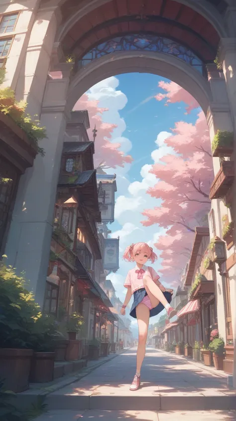  anime style, masterpiece,  top quality ,  great quality,  very sophisticated ,  high res,  Ultra Details,  absurd, up to date, scenery,komeiji koishi, pink striped panties, leg up, sole of foot,