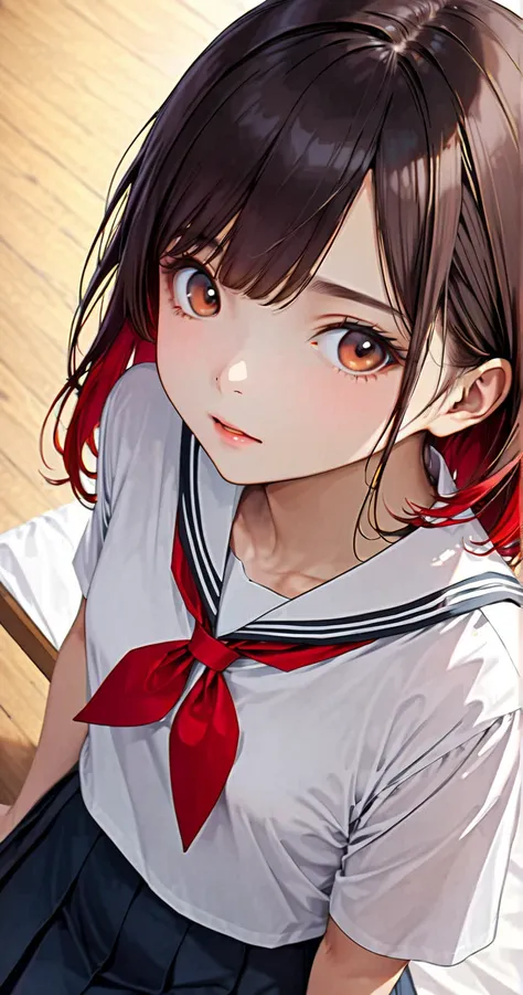 A 17-year-old girl wearing a classic sailor uniform(1.3), beautiful face(1.5), detailed face(1.4), sharp facial features(1.3), half-up crown hairstyle(1.2), shiny hair, medium-length tousled soft vermilion red hair with a slight wave(1.3), consisting of a ...