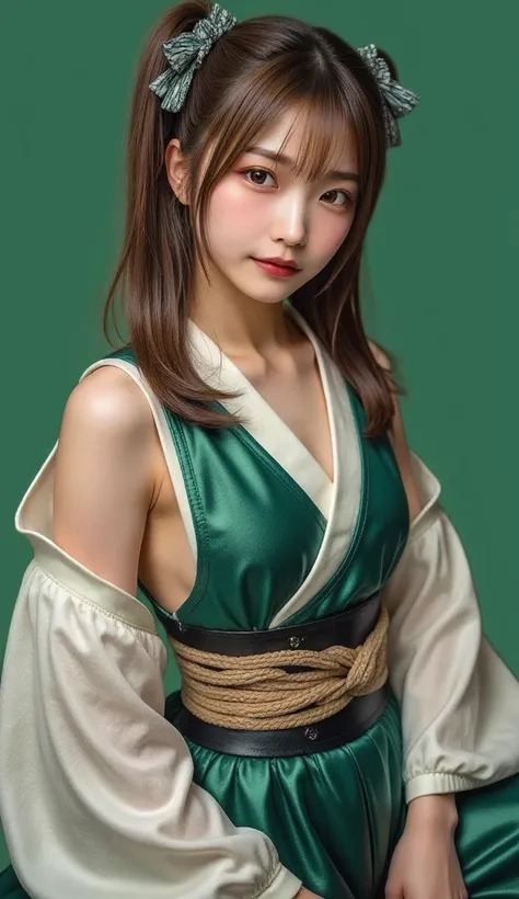  1 girl, Alone、 gal, 20 years old、 asian, (  Im wearing long twin tails  ),  hair bow, brown eyes,(jiraikei、Edo Period Costumes, Samurai costume 、Samurai Costume、masterpiece,  best quality, shape, super detailed,  Fine Details,  high res, 8k,wallpaper, per...