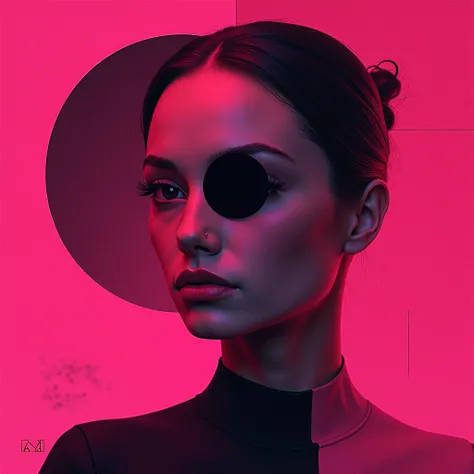 "Create an abstract portrait of a woman with a surreal and modern aesthetic. The composition should feature vibrant pink and magenta tones dominating the artwork, with geometric shapes such as a large circle partially obscuring the face. One eye is covered...