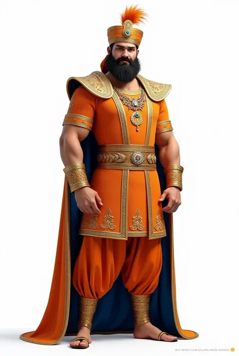 "Create a hyper-realistic 3D image of a royal figure standing confidently in a regal pose. The character should wear a heavily adorned traditional outfit featuring an orange-gold sherwani with intricate embroidery, paired with vibrant orange churidar pants...