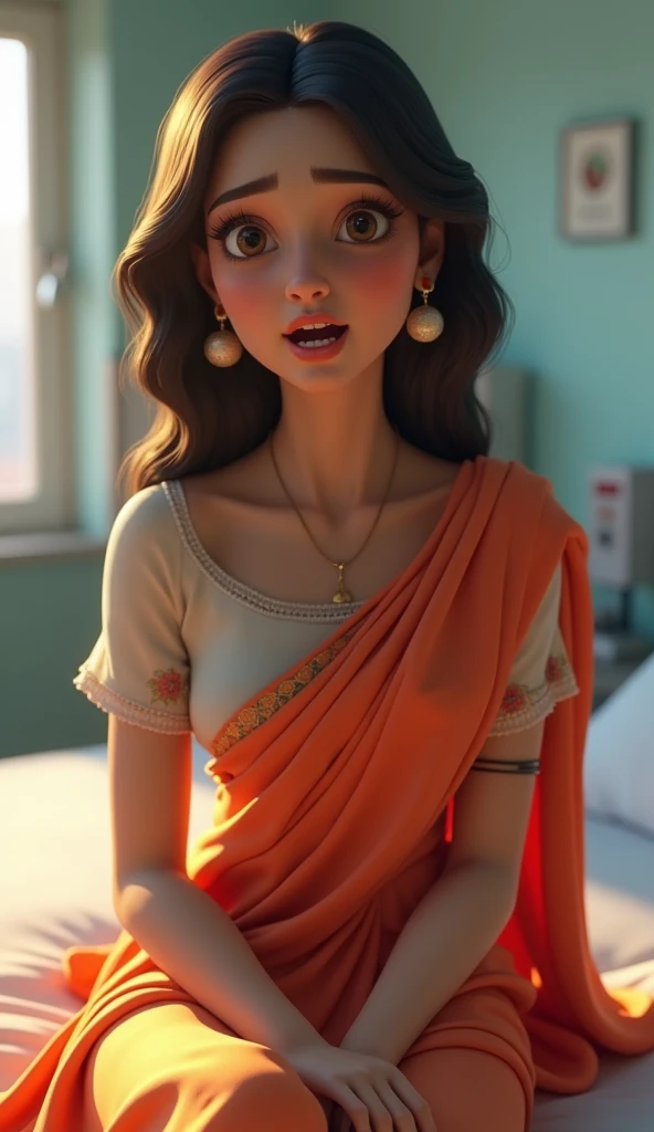 Close-up a woman open mouth sitting on the bed in hospital 3D animation, wear attractive clothes neck round blouse and saree, good figure,