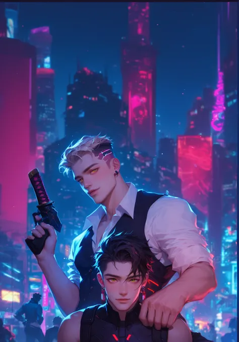  masterpiece fails,  skyscrapers in the background beautiful illustration, shanghai ,  Cyberpunk, Night, neonовые цвета, against the background of the , neon,  man with blond hair and red eyes,  wearing a white shirt and vest ,  in front of him is an Asian...