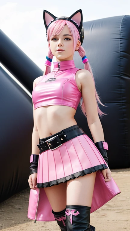  teenager with pink hair ,  slim model , pink leather korsett , tüll skirt pink ,  leather arm warmers blue,  knee-high leather boots, Cat ears, bouncy castle, twintails

