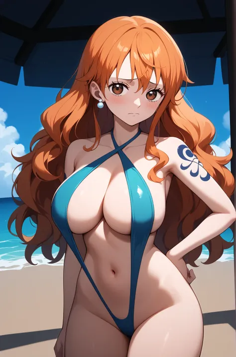 masterpiece,best quality,{{detailed beautiful face and eyes}}, 
Nami,{{{megami magazine}}},long hair,orange hair,wavy hair,hair between eyes,earrings,shoulder tattoo,brown eyes,large breasts,
((light blue swimsuit high leg swimsuit,slingshot swimsuit,criss...