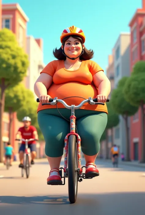 Animated image of fat woman on a bicycle with a helmet