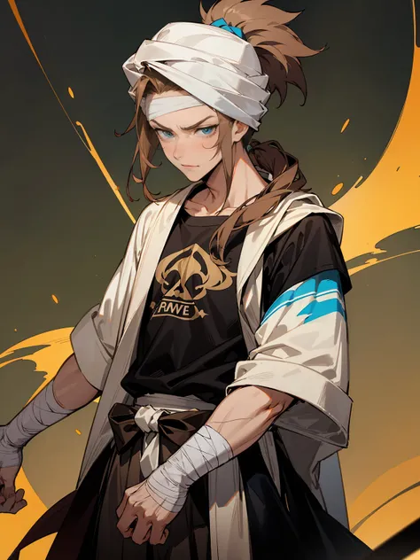 1male ,Adult,White Turban Serious Expression Messy Spiked Brown Hair , Pulled Back Into a spiky ponytail , Blue Eyes, Baggy White Poncho, Black T-Shirt, Bandaged Arm , Sash Belt , Unique Clothing , Detailed Clothing , Perfect Generation