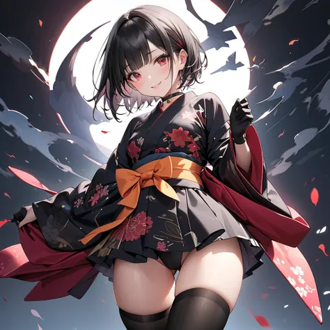 ( Perfect Anatomy), ((32K)), (( top quality )), ((超 high res)), (( high res)), ((超 high res)), ((Highly detailed CG)) , One Girl 、red eyes.smile, black hair, short hair,bow,( small breasts:1.5),(Black Pattern Kimono:1.5)、 choker 、Black gloves、(Black thigh ...