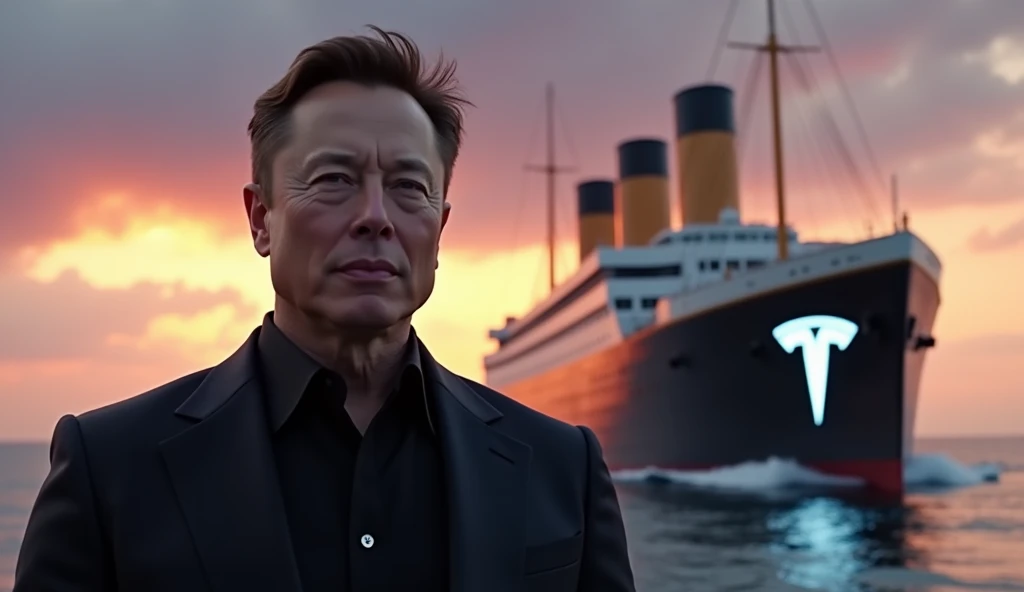 A cinematic YouTube thumbnail featuring a realistic and sharp portrayal of a man resembling Elon Musk in the foreground, with a confident and visionary expression. In the background, a futuristic version of the Titanic is cruising on the ocean, designed wi...