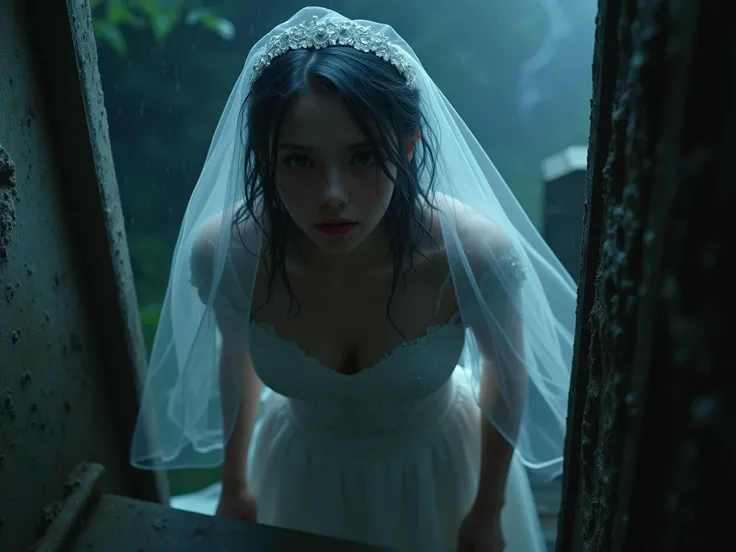 A young, pale-skinned bride ascends a crumbling staircase in a midnight cemetery, her delicate features illuminated by flashes of lightning as she emerges from a weathered tomb, her wedding attire clinging to her frame, her eyes red-rimmed from unshed tear...