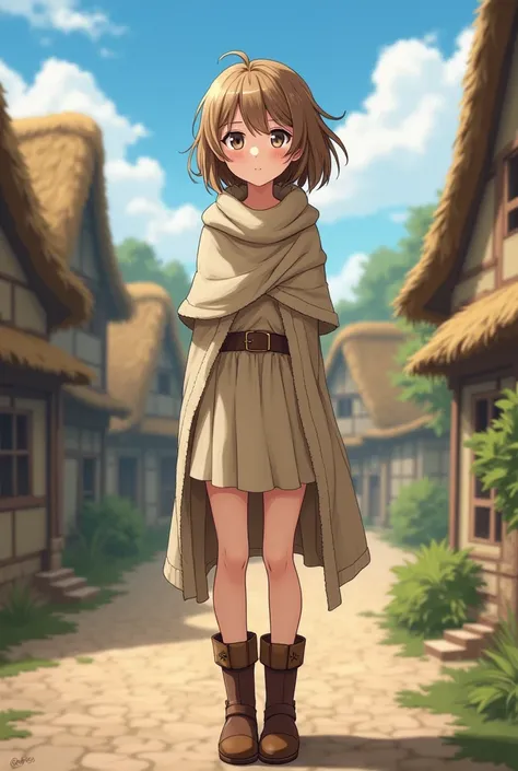 An anime female character with short, light brown shoulder-length hair , with light gray eyes , freckles ,medieval peasant clothing  