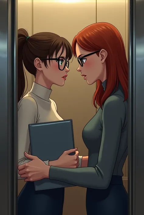  Style Realism , art.  full height.  There are two duvushki in the elevator .  One of them is a short, pretty young 21-year-old girl ,  with brown hair , braided in a ponytail.  wearing black-rimmed glasses ,  green eyes , slightly turned up nose, black pa...