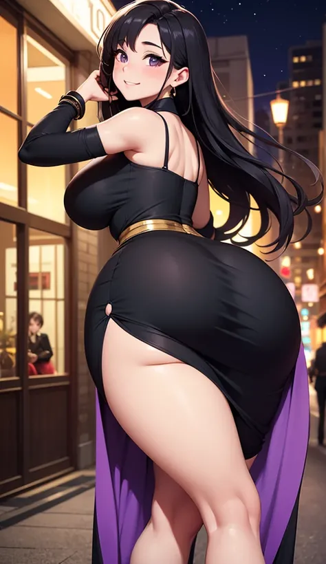 8k ⒉5D Japanese Comic Cute Girl Style with a beautiful smile (large bloated bust, tight waist and sensual buttocks). Long black hair swaying in the night breeze. Wearing a red-purple rough-knitted evening dress with flowers and butterflies surrounding the ...