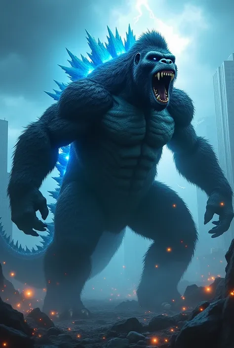 "A powerful hybrid creature combining the features of Godzilla and King Kong. The being has the massive, muscular body and primate-like stance of King Kong, covered with a mix of dark fur and rugged, reptilian scales. Its back is lined with glowing, jagged...