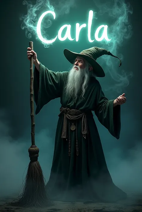 Old Witch with a broom who writes the name Carla 3d