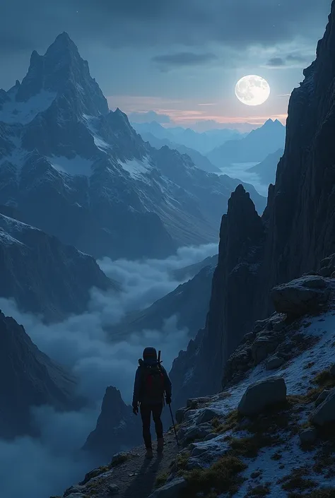 Climb a mountain with a huge valley at night realistic 