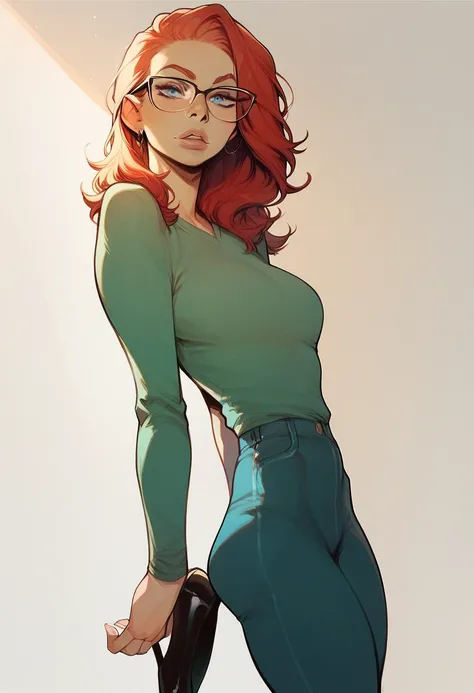 score_9, score_8_up, score_7_up, score_6_up, womans art , pale,  smooth skin,  blue eyes ,  long straight red hair, full lips,  slim build , green t-shirt, glasses,  blue trousers ,  black high-heeled shoes 
