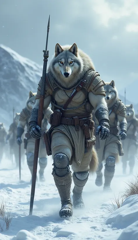 A Line Of Humanoid Wold Soldiers Walking On Snow, Holding Guns, Many Wolf Head Soldier Walking In Line Going For Battle, Walking Straight, Snow Falling, Beautiful Eye Catching Background, Wearing Snow Soldiers Uniform, Highly Detailed, Anatomically Correct...