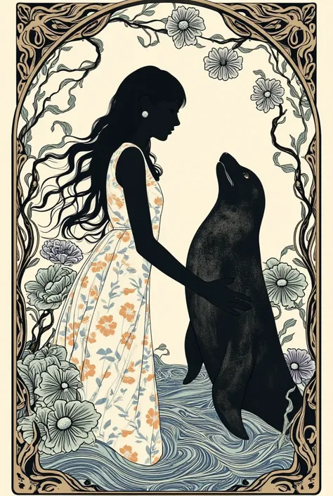 "A romantic silhouette of a woman rising gracefully from the water, her long hair flowing behind her, symbolizing renewal and strength. Beside her, a seal rises from the water and tenderly embraces her, creating a harmonious connection between the two figu...