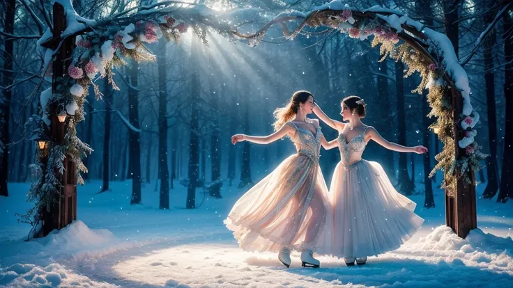 A beautiful dance on ice featuring two enchanting fairies, dressed in glossy dresses, realistic and fantastical atmosphere, ethereal lighting, intricate details, whimsical background, soft glows, elegant poses, magical winter scenery