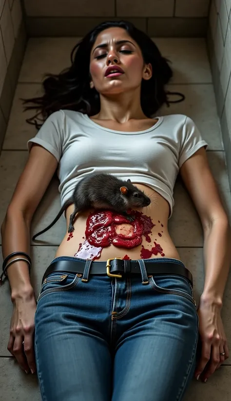 A rat trapped in a cage on the stomach of a living latina babe eating her intestines, she is wearing tshirt tucked in skintight jeans and black belt, the woman is suffering,  blood from stomach, Full body of the woman , she laying on floor  , full body sho...