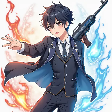 1boy, male school uniform modern. Armed with Fire, Water Arm, Metal Arm, Electrical elements are distributed in different directions, Game Case,Game Art, Collectible Card Art, The entire subject in the photograph, A design that pursues comfortable beauty!F...