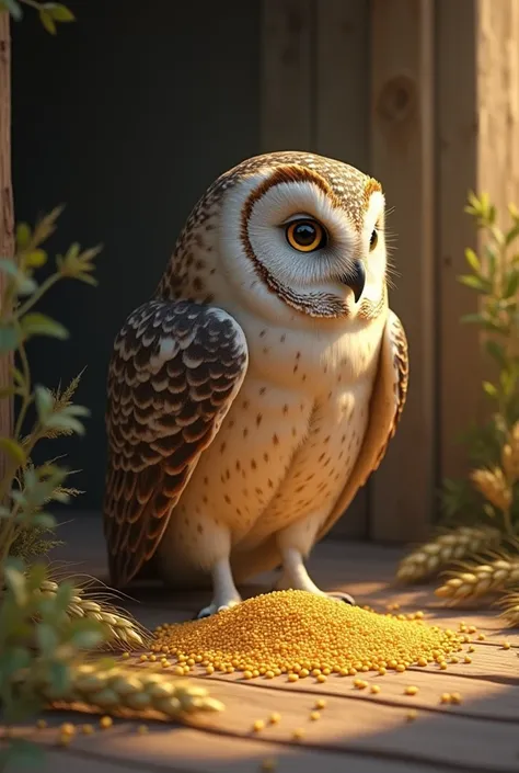 The owl is sitting and eating wheat grains