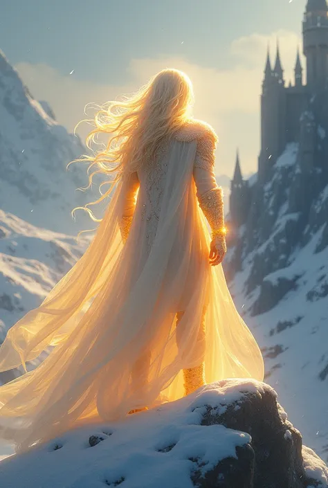 A radiant ,  almost transparent warrior with long ,  waving hair stands majestically on a mountain peak. He is surrounded by a golden aura ,  and the snow around him seems to glow .  In the background you can see a castle ,  which is surrounded by the icy ...