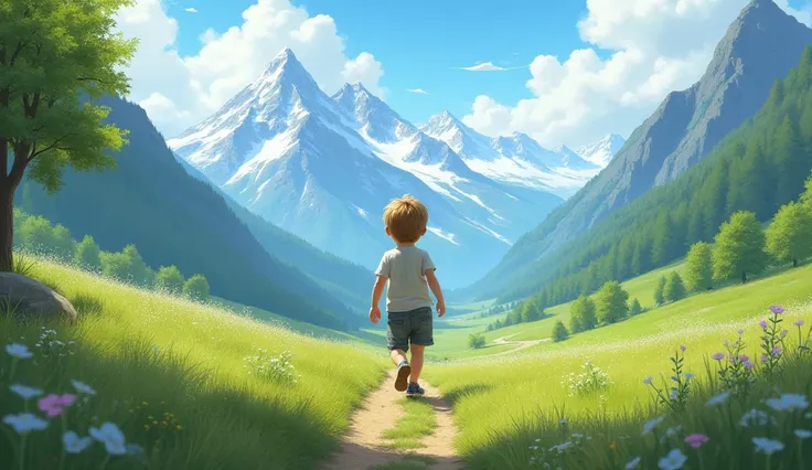 a boy walking  backward in the beautiful valley background with mountains