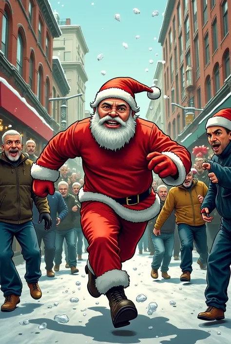 Here’s a detailed description to generate the image:

"Create a comic-style picture of a thief wearing a too-small Santa Claus suit, with the suit tightly fitting his body and his pants slightly torn at the edges. The thief has no beard, just a mischievous...