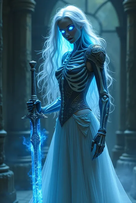  exudes a ghostly presence that combines elegance and terror .  Your appearance is reminiscent of your former nobility ,  mixed with the effects of the necromantic ritual :

hair:  Your hair flows like a silver waterfall ,  illuminated by a bluish spectral...