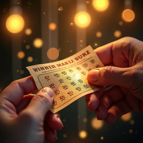 freshly scratched lottery ticket with matching winning numbers, glowing faintly in the sunlight. The person’s fingers tremble excitedly, and the ticket’s details are vivid and sharp. Around, blurred images of luxury goods, bright lights, and dollar signs c...