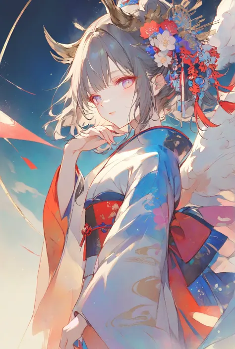 Overlooking the Earth from space, a woman dressed in a mixture of kimono and clothes, New Years celebration goddess, Japanese goddess, beautiful colorful, soft color, dull color