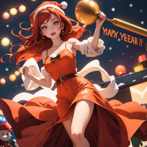  Redhead girl, orange eyes . With a Christmas hat and dress .Open dress at the top, medium chest. Shes on New Years Eve 