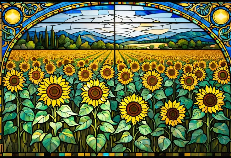 a painting of  sunflower s in a stained glass window,  sunflower  stained glass,  Stained Glass Art , crystallic  sunflower s,  sunflower s, colors : yellow  sunflower s, colors: yellow  sunflower s,  stained glass style,   maxim verehin stained glass mosa...