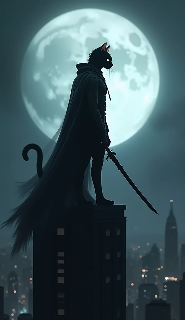 A cat stands on top of a building at night and the moon lights it up. He is dressed in black, wearing a mask and carrying a sword