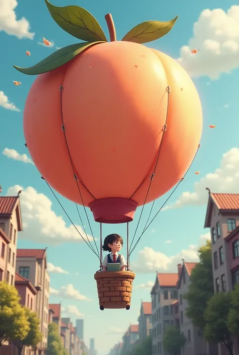 Picture a student going to school on a peach-shaped balloon