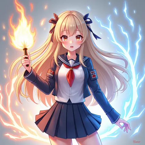 1girl, female school uniform modern. Armed with Fire, Water Arm, Metal Arm, Electrical elements are distributed in different directions, Game Case,Game Art, Collectible Card Art, The entire subject in the photograph, A design that pursues comfortable beaut...