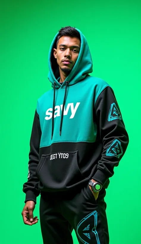 "A futuristic young male wearing stylish urban streetwear, featuring a turquoise and black hoodie with the Channel Name "SAVVY" written on it and geometric patterns and high-tech designs. His outfit incorporates cyberpunk elements with a sleek gadget on hi...