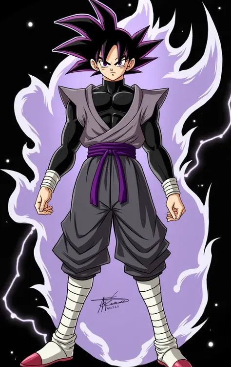 1male, familiar Goku Black from Dragon ball Super, beautiful man, very tall 190 cm height, thin male build, violet short spiky hair, violet brows, violet eyeslashes, violet iris with vertical predatory pupils, young appearance, sharp chin, a grey training ...