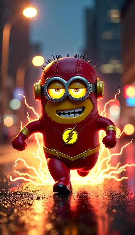 A medium shot of a Minion dressed in a detailed Reverse-Flash suit, posed with a menacing, runing with electricity in foot powerful stance on a realistically rendered city street at night. The Minion maintains his classic proportions, while also having a s...