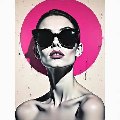 ```
[A womans face, partially obscured by large, round sunglasses and a vibrant fuchsia circle, confronts the viewer with a steady gaze. The circle, positioned like a halo or a graphic element, dominates the composition, overlapping her face and creating a...