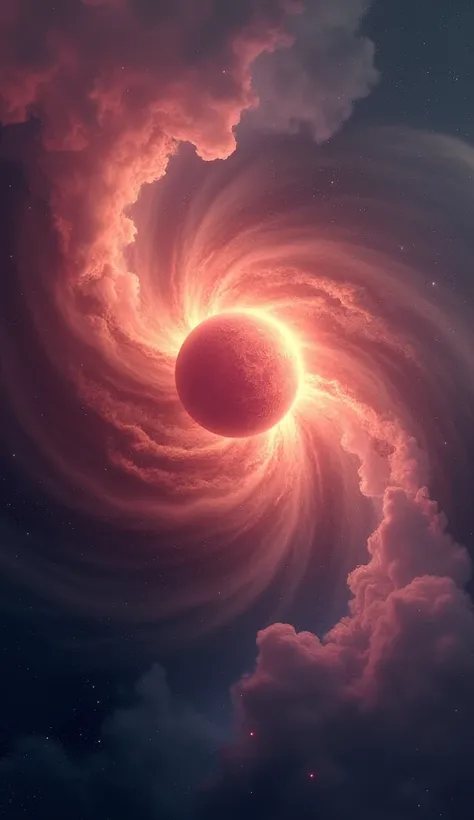 A serene cosmic scene showing a red giant fading into a nebula, symbolizing the cycle of star life. A peaceful starfield with a fading red giant surrounded by colorful gas clouds forming a nebula.