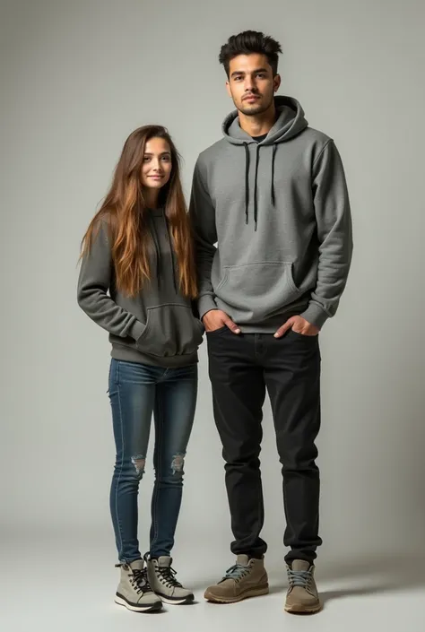 6 feet 3 inch tall man and 5 feet 3 inch tall woman couple full pic head to toe, standing side by side , man wearing hoodie, ,her hair length cascade down almost touch her knee, 